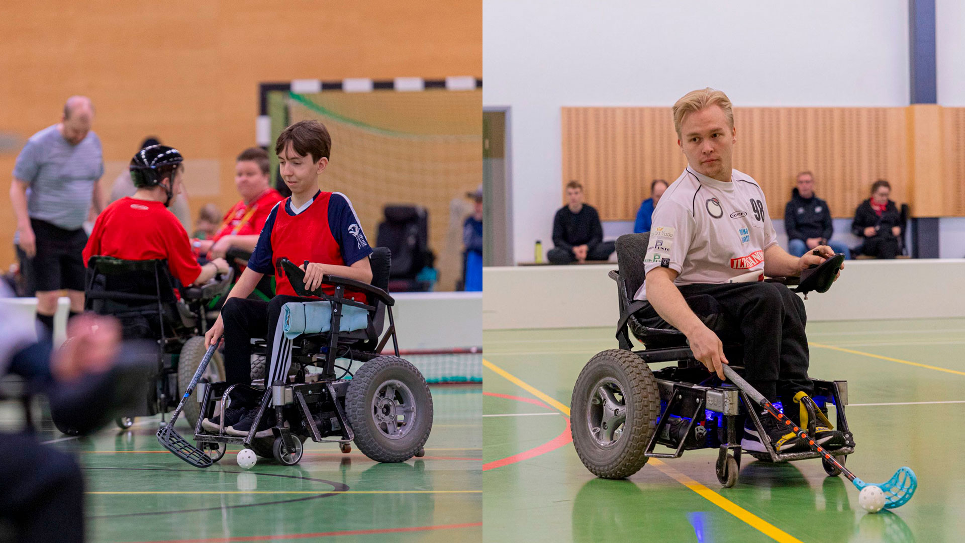 Walter Östergård ja Kasper Vuorinen kuvakollaasissa. Molemmat pelaamassa sähköpyörätuolisalibandya.